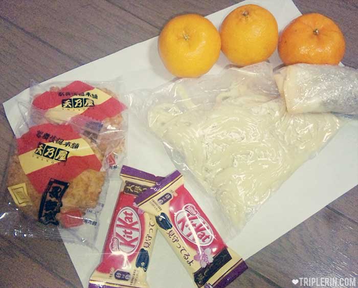 Omiyage snacks on the left. Leftovers from lunch on the right.
